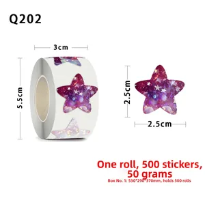 Detailed size specifications for a roll of 500 purple galaxy star rewards stickers