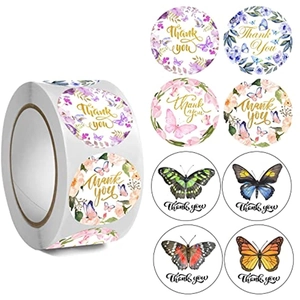 Butterfly Floral Thank You Stickers Round Kraft Paper Self Adhesive Labels For Wedding Birthday Party Gift Packaging Envelope Sealing Decor
