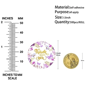 Detailed view of 1.5 inch purple butterfly stickers with Thank You text and size reference