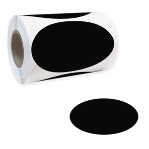 Detail of waterproof matte black oval chalkboard stickers on a roll with one peel-off sample