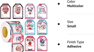 Detail view of cartoon animal Valentine stickers with To-From gift labels on a roll