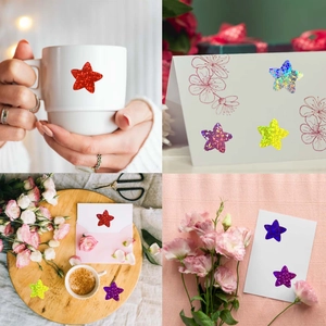 Detail showing glitter star stickers on a mug and greeting card for gift decoration