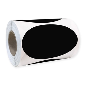 Roll of black oval waterproof chalkboard labels on white backing for organizational use