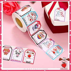 Detail view of heart-shaped Valentine stickers featuring cartoon animals and To/From labels