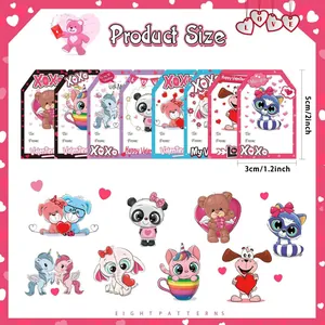 Detailed size chart for Valentine heart gift labels showing 5x3cm dimensions and 8 animal designs