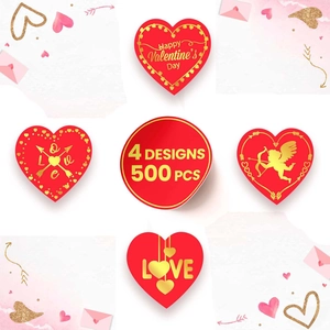 500pcs 1-inch Valentine heart stickers with gold foil Cupid and Love designs