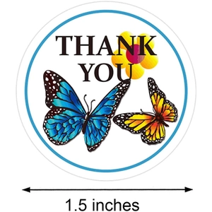 Detail of 1.5 inch round thank you sticker with realistic butterfly and floral design
