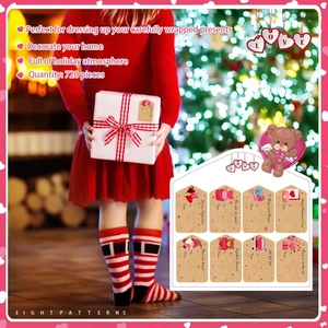 Macro detail of kraft Valentine heart stickers with 8 patterns for gift packaging