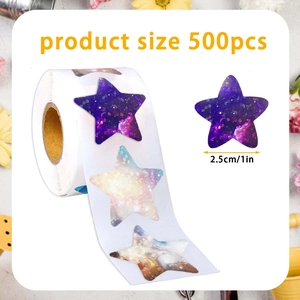Detail of 2.5cm galaxy star stickers showing 500pcs roll size and sparkling texture