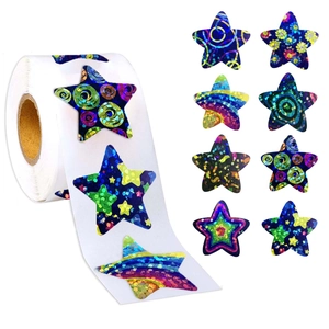 Holographic star sticker roll with 8 glitter patterns for reward and decoration
