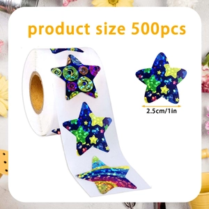 Detail of 1-inch holographic star stickers showing laser swirl patterns and roll size
