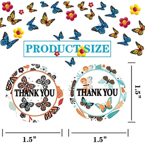 Detail of 1.5 inch butterfly thank you stickers showing size dimensions and floral design