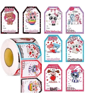 500-count Valentine heart stickers roll with cute cartoon animals and XOXO greetings