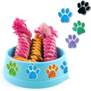 Bol bleu pour animaux avec jouets en corde de coton et autocollants pattes pailletées
