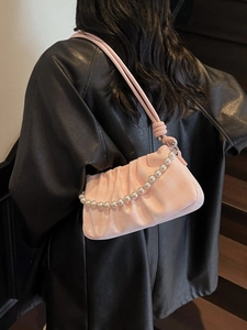 Sac nuage à carreaux roses avec chaîne de perles et tissu plissé pour femme