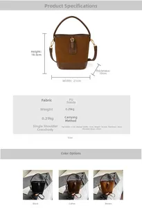 Detailed size specifications and material view of the vintage suede bucket bag