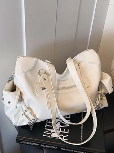 White large capacity faux leather tote bag with multi-pocket design and modern urban style