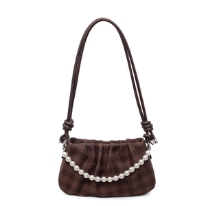 Sac bandoulière marron à carreaux avec perles et design en tissu plissé pour femme
