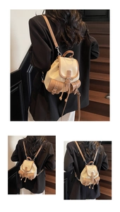 Detailed look at a chic cream and brown mini backpack styled for a casual daily look
