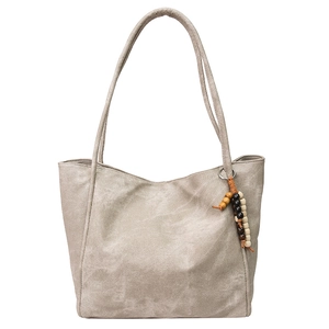 Retro greige large capacity tote bag with wooden bead pendant and suede texture finish