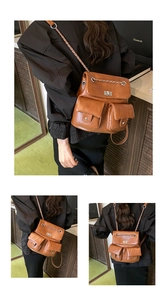 Detailed views of brown vintage chain backpack with metal turn-lock and pocket details