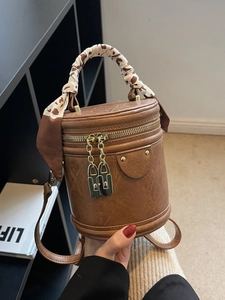 Vintage PU Leather Bucket Bag For Women Scarf Wrap Handle Crossbody Handbag Gold Hardware Daily Casual Messenger Bag