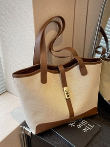 Women Large Capacity Canvas PU Splicing Tote Bag Fashion Commuting Shoulder Bag Gold Metal Lock Retro Handbag Daily Bag