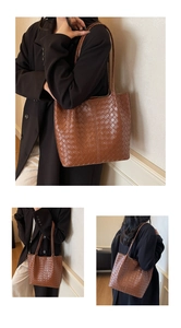 Close-up of the brown woven texture and spacious interior of the faux leather tote bag