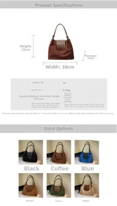 Detailed size specifications and multi-color options for the stylish PU shoulder bag