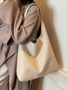 Minimalist woven hobo shoulder bag in cream white, large capacity tote for daily use
