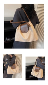 Detail shots of canvas tote bag with brown leather trim and metal buckles shown from different angles