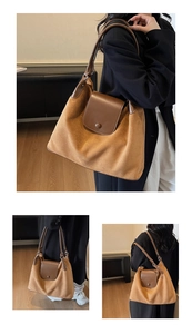 Detail of soft matte brown tote bag showing mixed suede texture and leather strap design