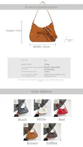 Detailed dimensions and parameters of the PU leather bow shoulder bag with size chart