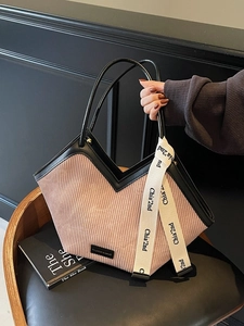Women Fashion Corduroy Tote Bag PU Leather Trim Large Capacity V-Shaped Shoulder Bag Casual Ribbon Decor Daily Handbag