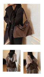 Detail view of large leopard print tote bag shown from side and back on female model
