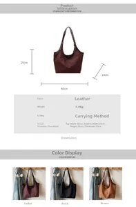 Detailed size chart for the large suede tote bag with precise dimensions and specifications