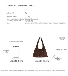 Detailed size chart and dimension comparison for the large PU leather tote bag