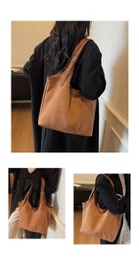 Detailed views of a caramel suede tote bag with adjustable straps and large capacity