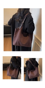 Detailed close-up of dark brown suede tote bag featuring adjustable leather straps and buckles