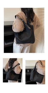 Detailed views of a black nylon tote bag with adjustable leather straps and metal buckles