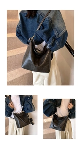 Trois vues d'un grand sac cabas vintage en cuir marron porté par un mannequin