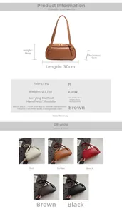 Tableau détaillé montrant la taille 30x14x9cm et cinq couleurs pour ce sac en PU