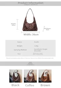 Size chart and specifications for the large leopard print suede tote bag showing dimensions