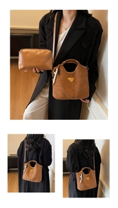 Dettagli del set borsa a secchiello in finta pelle scamosciata con ciondolo boho