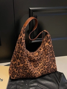 Large leopard print faux suede hobo tote bag with brown leather handles for women