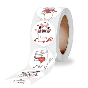 Roll of cute cartoon animal stickers featuring cats and dogs with heart love patterns