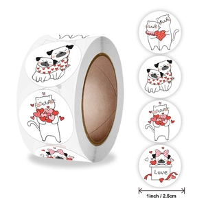 Roll of 1-inch cute animal thank you stickers featuring cartoon cat and pug designs