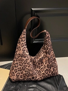 Large leopard print faux suede tote bag with brown leather handles for women's daily commute