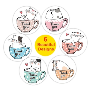 Rouleau de 6 mignons autocollants de remerciement chat dans une tasse de thé