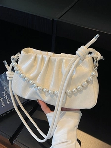Sac Sous le Bras Élégant en Cuir PU Plissé pour Femmes Avec Chaîne en Künstliche Perles Artificielles Sac à Épaule Minimaliste Couleur Unie